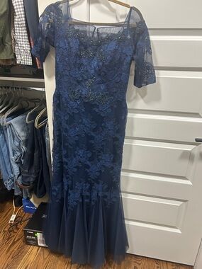 Navy Lace Appliqué Maxi Dress with Sheer Illusion Neckline